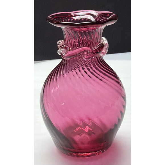 Vintage Pilgrim Art Glass Cranberry Optic Swirl Vase Ruffle Top Clear Filigree - Picture 10 of 12